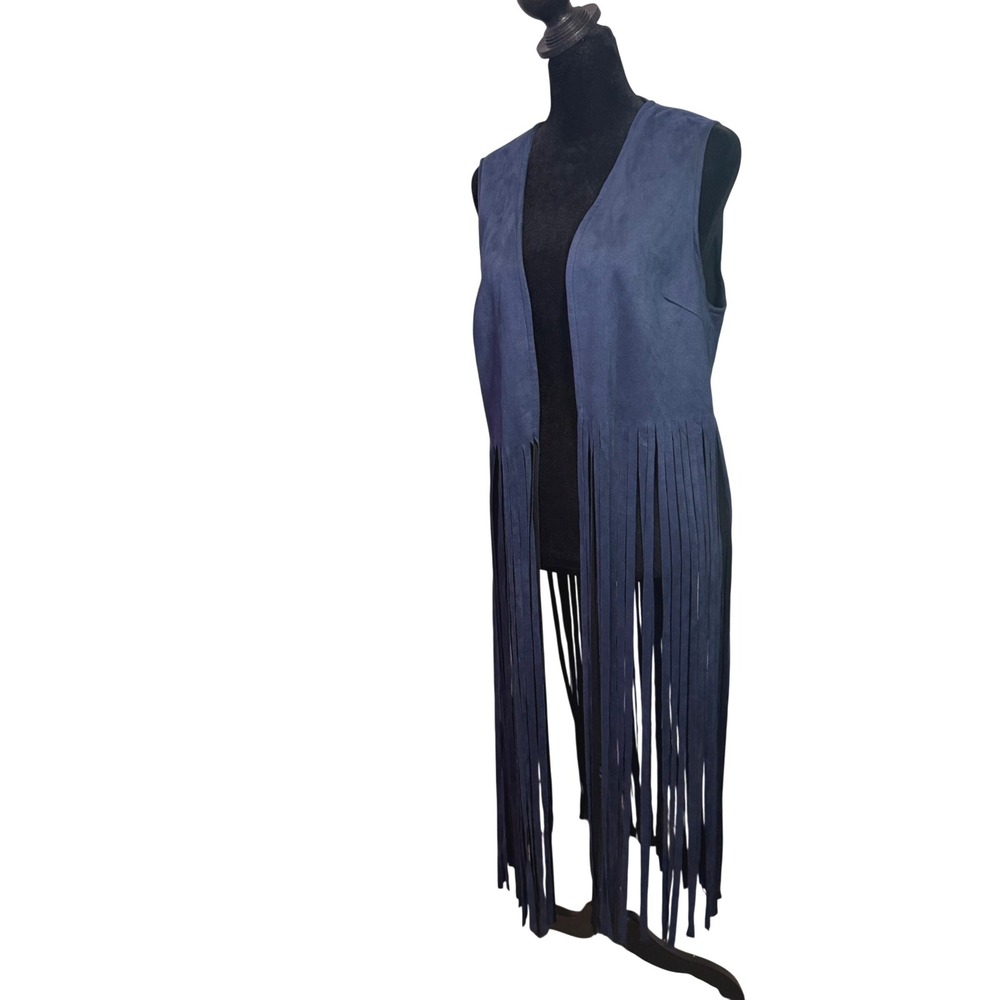 70s Boho Faux Suede Long Fringe Vest Womens M Western Cowgirl Festival Duster